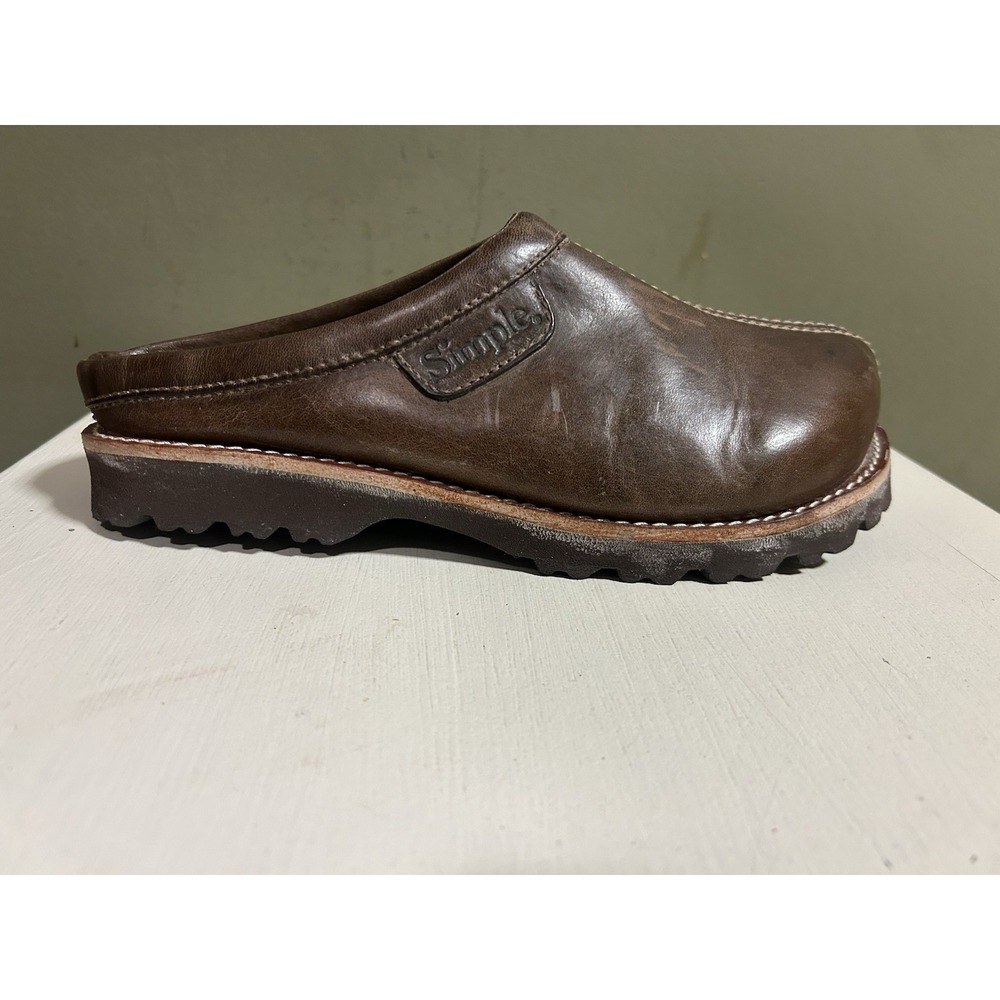 Vtg Simple Clogs Brown Leather Slip On Shoes Womens Sz 8.5 EU 40 90s Y2K